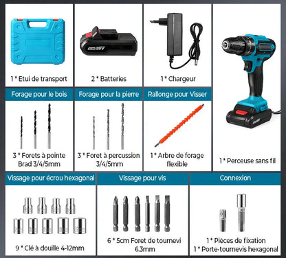 [2X1 OFERTA BLACK FRIDAY] - KIT TALADRO INALÁMBRICO y IMPACTO + 26 ACCESORIOS TT + 2 BATERIAS REGALO